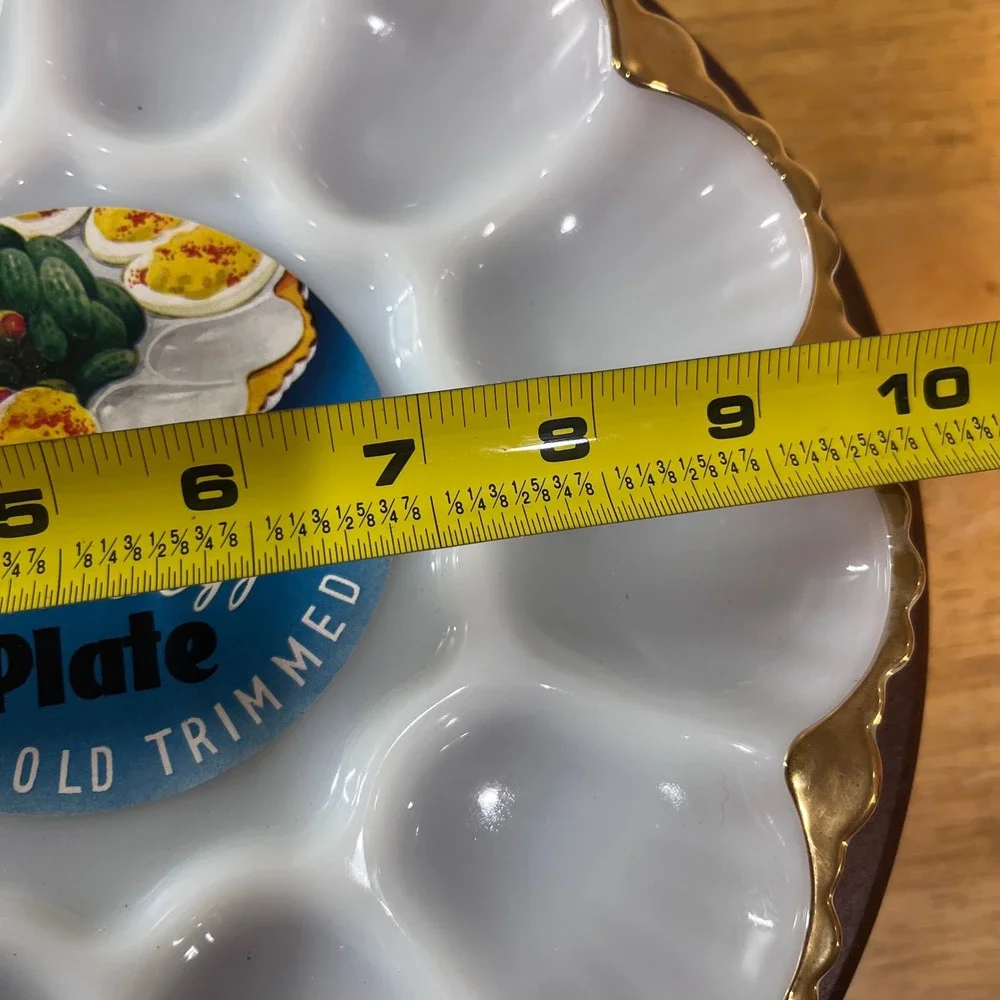Vtg Anchor Hocking Anchorglass Milk Glass Deviled Egg Plate 22K Gold Trim 10